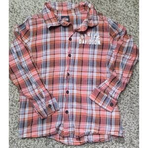 Harley Davidson-Boy's Orange plaid - long sleeve- button up shirt- size 8/10